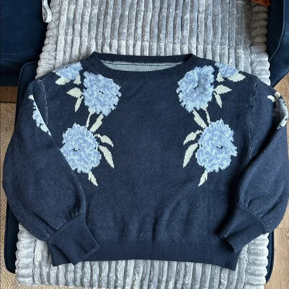 Floral jacquard balloon sleeve knit sweater top - Picture 2 of 7